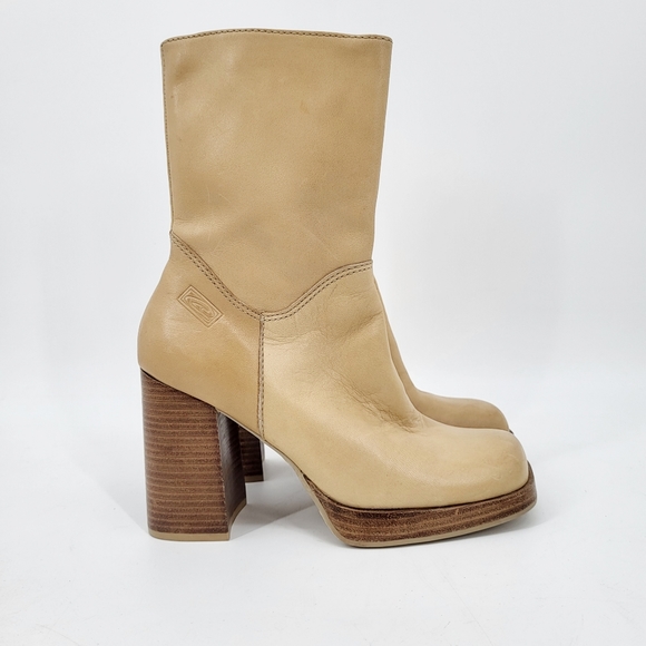 Vintage Shoes - Vintage Square Toe Block Heel Boots Genuine Leather Side Zip Tan Candies 8.5